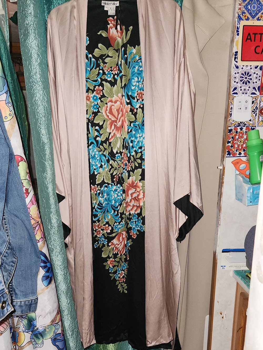 WinterSilks Blush Pink Floral Satin Kimonowith Black Panel